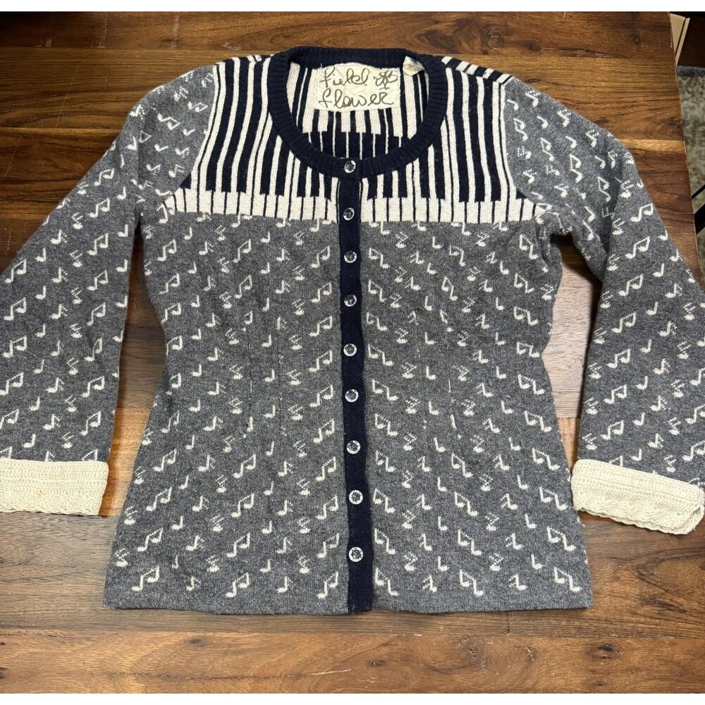 Cardigan Sweater Anthropology Field Flower Piano Musical Chopsticks S